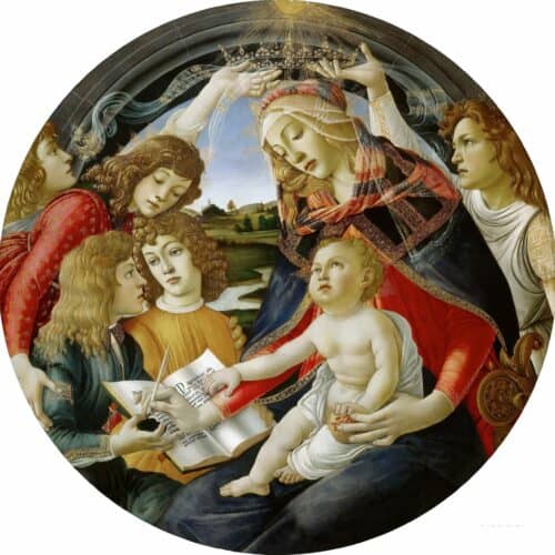 Tondo : Madonna of the Magnificat, Boticelli -1481, ei tempera op paneel afm 118 x119 cm